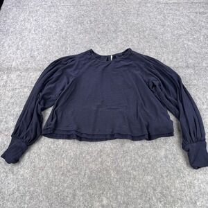 Free People Shirt Womens Medium Navy Blue Ribbed Knit Bishop Sleeve Top Pleated